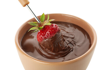 Chocolate fondue. Strawberry in chocolate and bowl isolated on white background