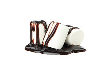 Marshmallow in chocolate sauce isolated on white background