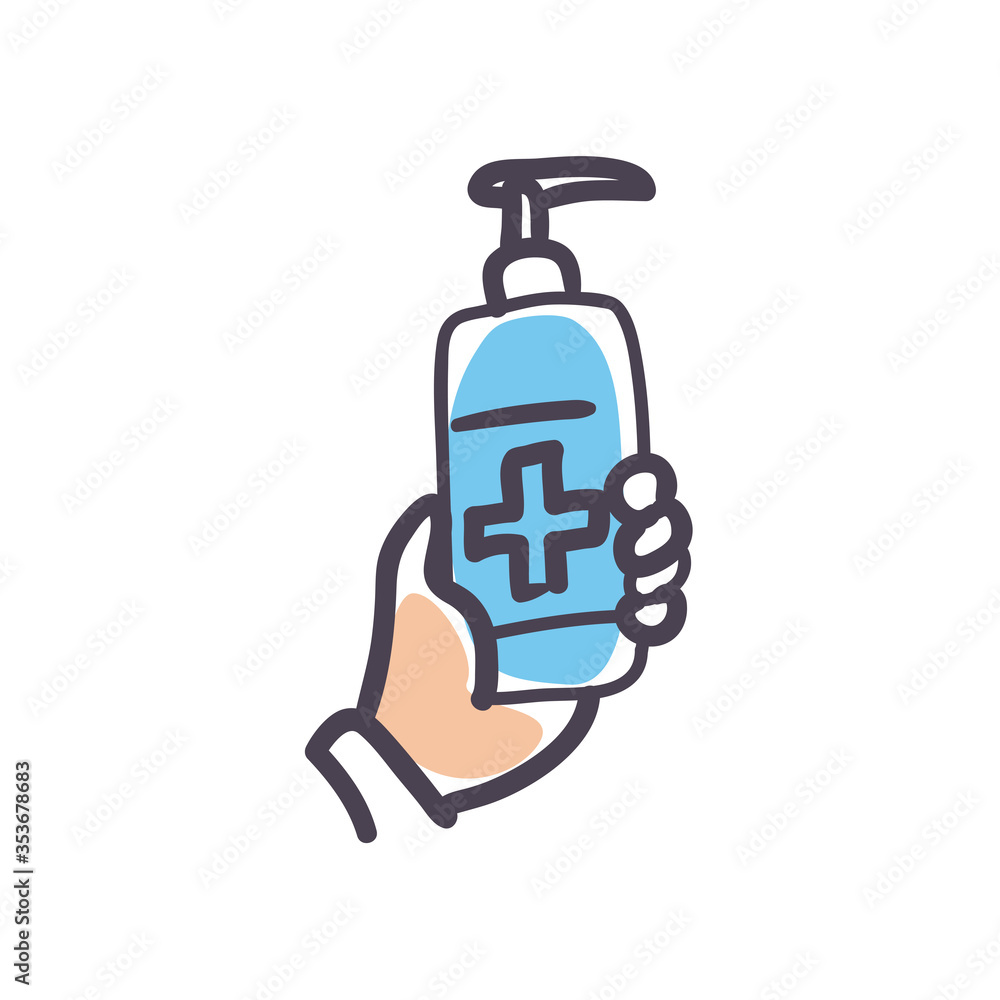 Poster cross inside soap dispenser bottle fill style icon vector design