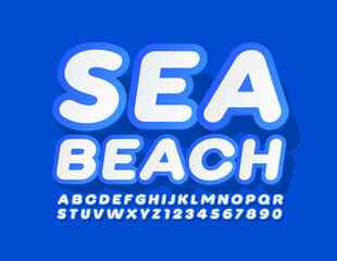 Vector creative emblem Sea Beach with White and Blue Font. Sticker Alphabet Letters and Numbers