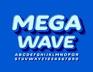Vector blue sign Mega Wave with 3D Font. Trendy Alphabet Letters and Numbers