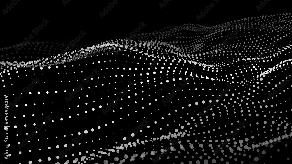 Fototapete Dynamic particles wave.Big data visualization 3D. White dots on black background. Digital landscape. Vector illustration.