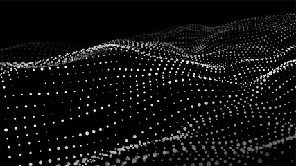Dynamic particles wave.Big data visualization 3D. White dots on black background. Digital landscape. Vector illustration.