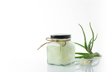 Fresh aloe vera in Glass bottle  on white background.