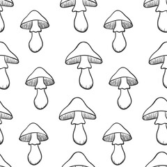 Seamless pattern with hand-drawn mushrooms isolated on white background. Vector illustration