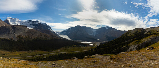Panoramic view of Mt Athabasca and Glacier in Canadia Rockies