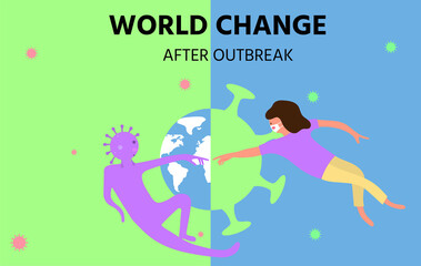 world change after corona virus outbreak,COVID-19 pandemic,New normal lifestyle concept,People wearing medical (surgical) mask and living together with the coronavirus,vector illustration for graphic
