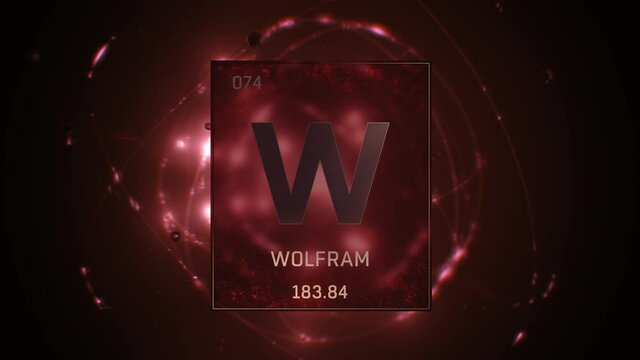 Tungsten as Element 74 of the Periodic Table. Seamlessly looping 3D animation on red illuminated atom design background orbiting electrons name, atomic weight element number in German language