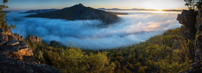 Mountain landscape. South Urals at sunset. The view from the top. Russia.