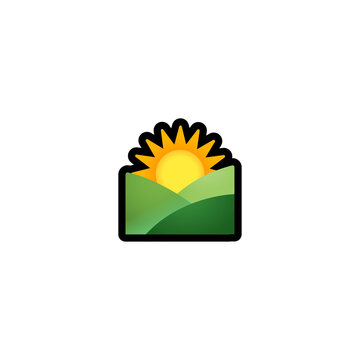 Sunrise Over Mountains Vector Icon. Isolated Sun Cartoon Style Emoji, Emoticon  Illustration	