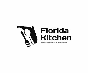 Florida kitchen and cutlery logo design. Restaurant and catering vector design. Florida state with spoon and fork logotype