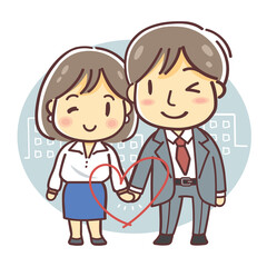 会社員のカップルのイラスト（社内恋愛・男女・全身・背景あり）
