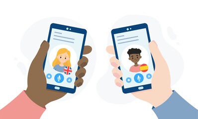 People using an online translation app. Mobile application for translating foreign languages. Hands holding smartphones.