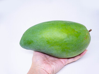 Mango in hand on white background