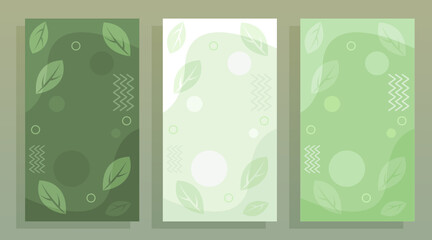 set of Green leaves vertical story template vector backgrounds for social media with 3 color, green, white and dark green in flat design style.