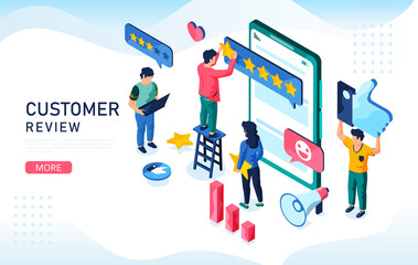 Concept of five stars mobile feedback. Customer review isometric illustration.You can use, for web landing page, mobile app, banner template. 