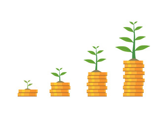 Vector and illustration of money coin stack with growing plant. financial and saving concept.
