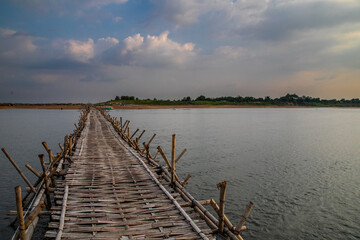  old traditional bamboo wooden bridge across Mekong river (from Koh Paen island to Kampong Cham), Cambodia