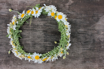 Wreath made of daisy wildflowers on rustic wooden background with copy space. Chamomile flowers...