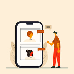 man standing with phone and chatting online, vector illustration of online conference, video call concept, video chatting vector flat style, conference meeting vector flat design