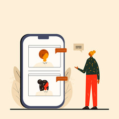 African young girl standing with phone and talking with coworkers online. Online conference. Vector flat style illustration eps 10.