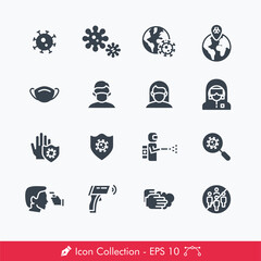 Set of Coronavirus (COVID-19) Prevention Related Icons / Vectors | Contains Such Virus, Pandemic, Epidemic, Mask, Hazmat Suit, Protection, Disinfectant Spray, Thermometer Gun, Research, Distancing