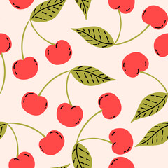 Red cherries with leaf, berry fruits seamless pattern