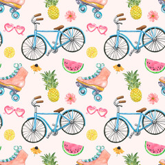 Watercolor cute summer seamless pattern with tropical fruits, blue bicycle, retro roller skates, sunglasses on white background. Vacation vibes beach art print. hand painted illustration