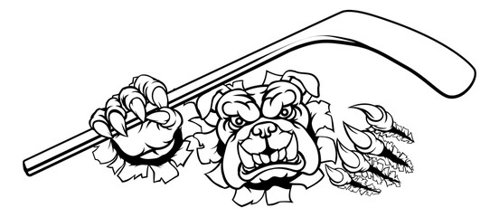 A bulldog ice hockey player animal sports mascot holding a hockey stick