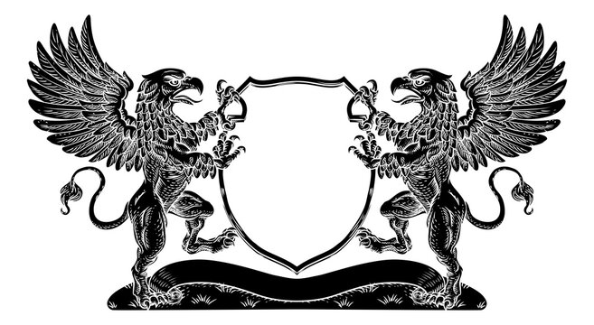 A crest coat of arms family shield seal featuring two griffins or griffons