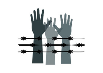 Human hand with barbed wire icon vector. Hands silhouette with barbed wire vector. Hands behind a barbed wire prison vector. Hand with barbed wire icon isolated on a white background - obrazy, fototapety, plakaty