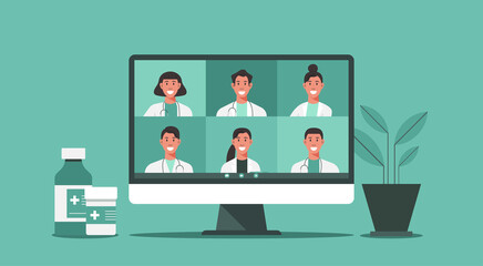 online medical consultation and support concept, healthcare services, group of doctors teleconferencing with stethoscope on computer screen, conference video call, new normal, vector flat illustration