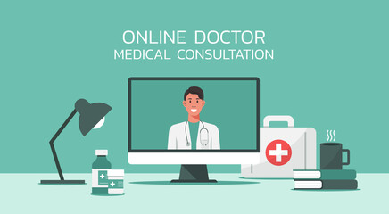 online healthcare and medical consultation services concept, doctor teleconferencing with stethoscope on computer screen, conference video call, new normal, vector flat illustration