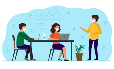 Employees in medical masks hold a meeting in the office. Sterility and safety in the workplace. The concept of the new conditions for business. Vector illustration.