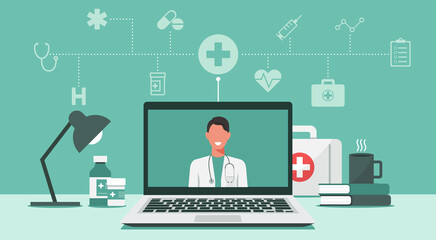 online medical consultation and support concept, healthcare services, doctor teleconferencing with stethoscope on laptop screen, conference video call, new normal, icon vector flat illustration