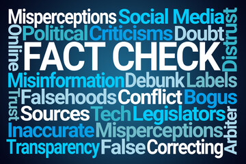 Fact Check Word Cloud on Blue Background