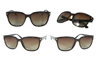 Set Summer Sunglasses of black plastic with polarized gradient isolated on white background....
