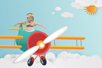 Happy kid Playing Airplane Pilot  over Blue Sky Clouds