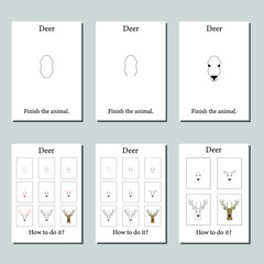 Pages for coloring. Deer and step by step drawing. Set of different options for the education of children.