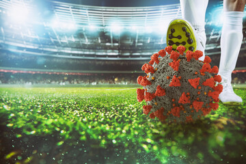 Soccer player with virus ball under the football shoe at the stadium