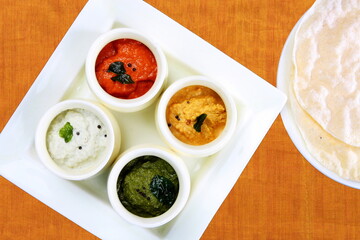 South Indian Chutneys or cold sauce with Pappadam
