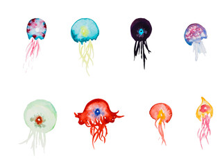 Watercolor set of colored jellyfish for children's things. Funny and cute sea inhabitants drawn by watercolor paints by hand isolated on white background.
