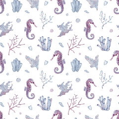 Watercolor seamless seahorse and seaweed pattern. Purple underwater background. © annakonchits