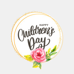 happy children's day, cute vector greeting card with funny letters in scandinavian style and cartoon landscape