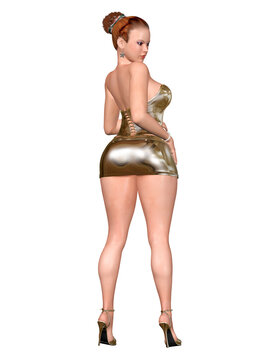 3d render of beautiful and cute girl  with curvy body and nice ass, standing back ,  with reflective gold miniskirt and high heel