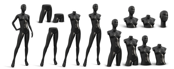 Black female mannequin. Set of different parts of three quarter front view. Vector illustration isolated on white background.
