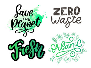 Naklejka premium Green save the planet phrase on white background. Typography vector illustration. Lettering business concept. Decoration illustration. Lettering typography poster.
