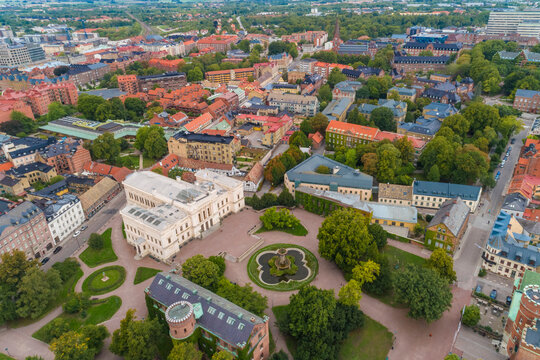 Aerial image of the town of Lund with the University in the foreground.