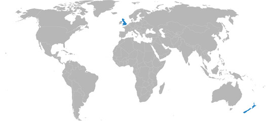 New Zealand, united kingdom isolated on world map. Light gray background. Business concepts, diplomatic, trade and transport relations.