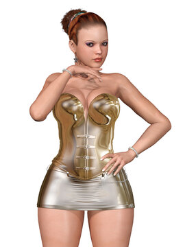 3d render of beautiful woman with pretty face and curvy body, with reflective gold miniskirt and high heels